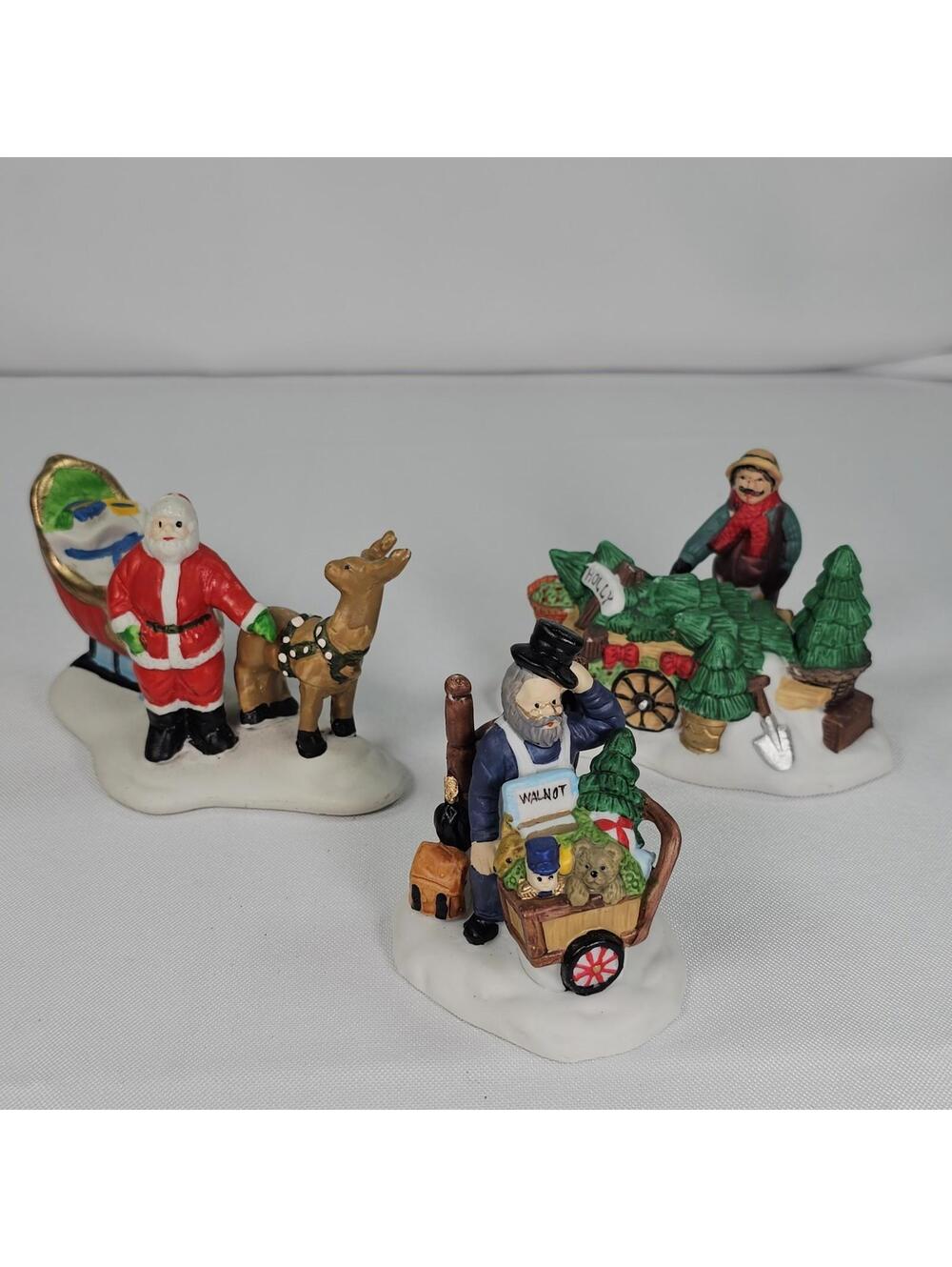 Vtg Lemax 1992 Lot Of 3 Dickensvale Porcelain Santa Sled Reindeer Walnut Holly